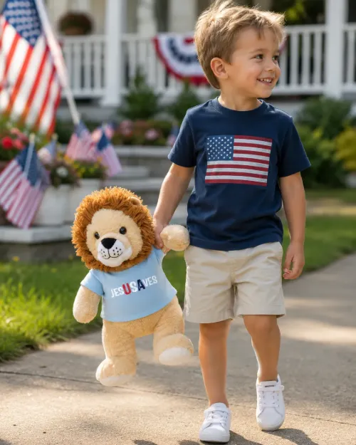 JesuSaves Design on Light Blue T-Shirt Plush Lion