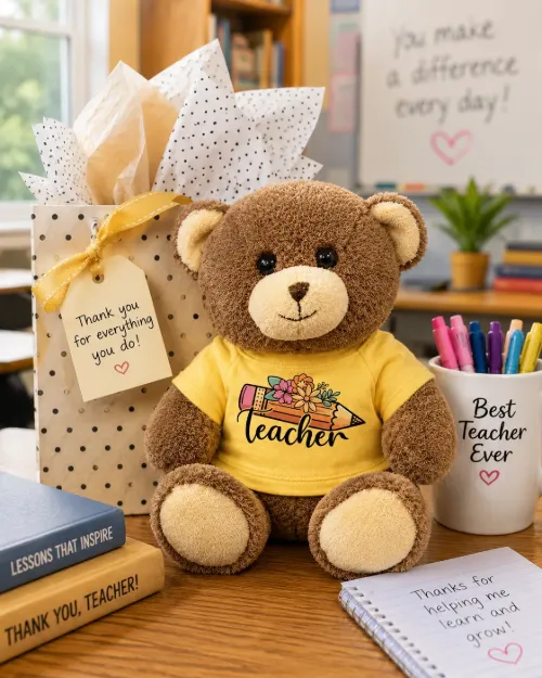 Teacher Pencil Design on Yellow T-Shirt Plush Brown Bear